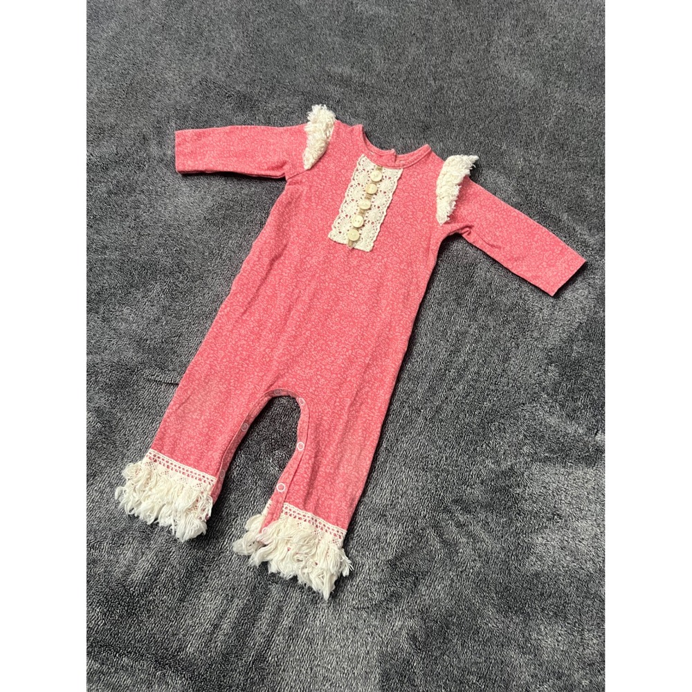 peaches‎ n Cream Baby Girls Pink Floral Fringe Crochet Lace Romper 6/9 Months